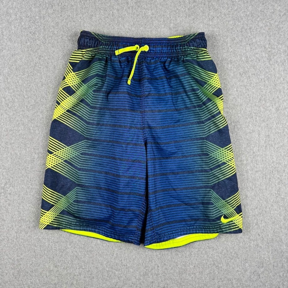 Nike Athletic Shorts Boys Blue Neon Green Geometric Swoosh Graphic